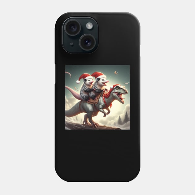 Two Santa opossums on an adventurous dinosaur trex ride Phone Case by BrisaArtPrints