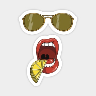 Mouth about to eat a slice of a yellow lemon and matching yellow sun glasses Magnet