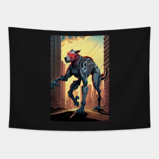 Giant futuristic robot cyborg dog attacking the city Tapestry