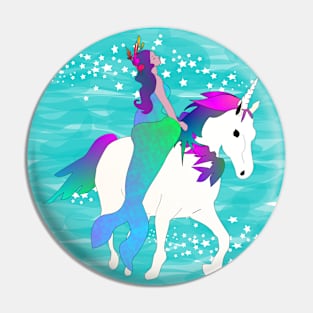 Mermaid on Unicorn on Sparkling Waves Teal Pin