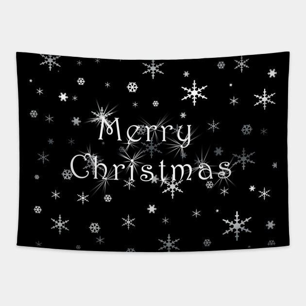 Merry Christmas & Snowflakes on Black Tapestry by karenmcfarland13