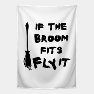 Halloween Broom Flying Quote with Black Text Tapestry