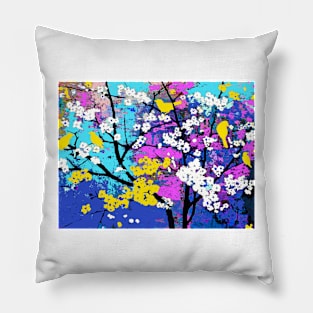 Spring Flowers of White and Yellow Birds Pillow