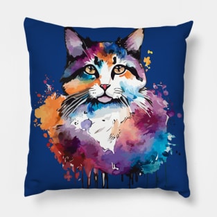 Digital Watercolor Colorful Cat Pillow