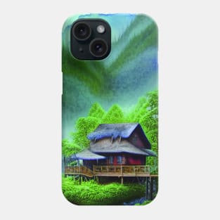 Digital Painting of a Beautiful Blue cottage Tree house near River and Greenery Mountains Phone Case