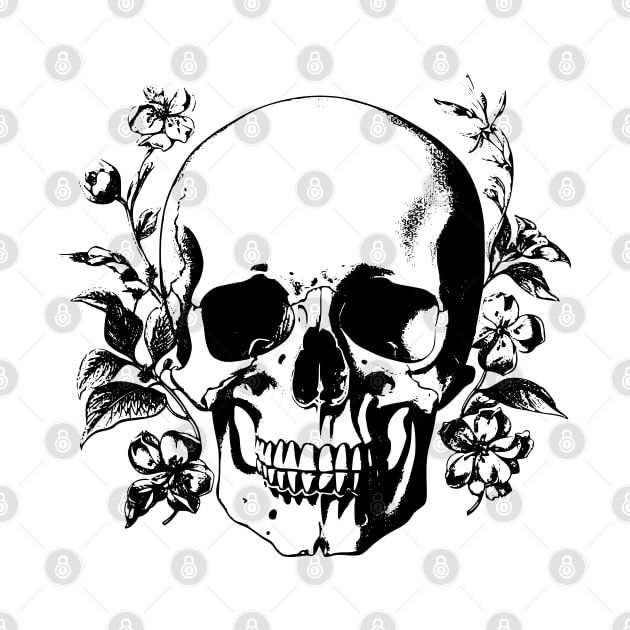 Vintage Black and White Human Skull with Leaves and Flowers by Danielleroyer