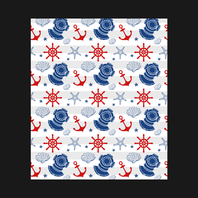 Nautical Wheel Anchor Pattern Red Blue Grey by dreamingmind