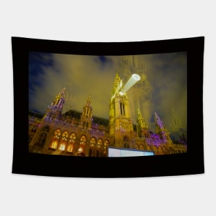 Gothic effect, double image and zoom blur effect creating erie impressionist image of towm hall or Rathaus in Vienna., Austria. Tapestry