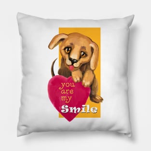 Cute dog. Baby pets. Puppy friendship love. Pillow