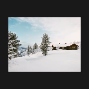 White Winter - Snow-Covered Cabin and Landscape in Scandinavia T-Shirt