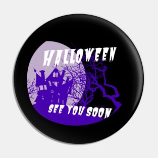 Purple church. Halloween is comming in oval frame Pin