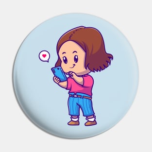 Cute Girl Playing SmartPhone Cartoon Pin