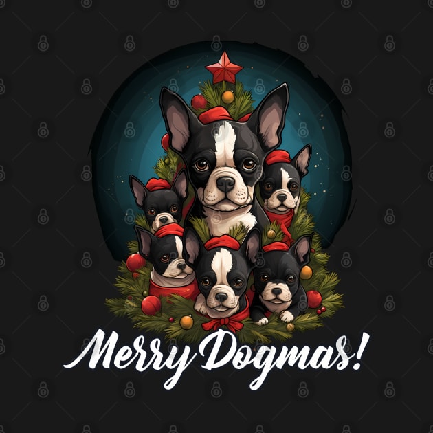 Merry Dogmas! Cute Boston Terrier Puppy, Christmas Dog Lover by NearlyNow