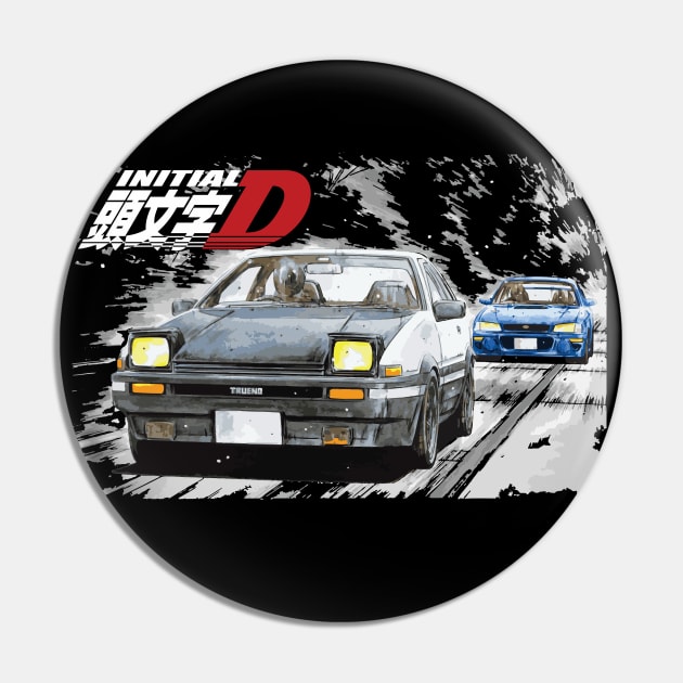 Initial D - Mountain Drift Racing Tandem Takumi Fujiwara AE86 vs Bunta Fujiwara GC8 STi Chase Pin by cowtown_cowboy