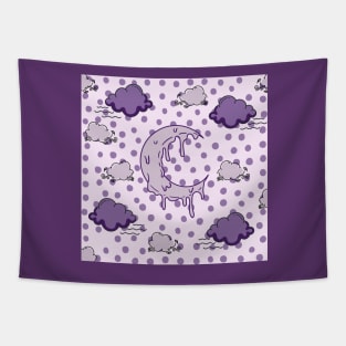 melting crescent moon cloud night purple polka dots Tapestry