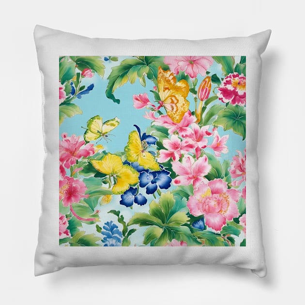 Peonies and butterflies on light turquoise Pillow by SophieClimaArt