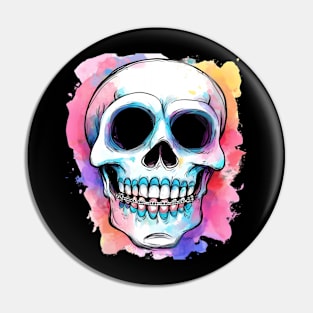 Smiling Skull with Braces | T Shirt Design Pin