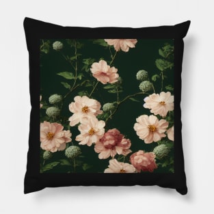 Vintage Ivory Pink flowers on Dark Green Background Pillow