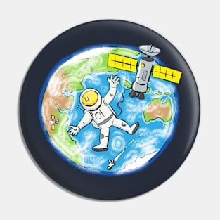 Astronaut and satellite over earth cartoon illustration Pin