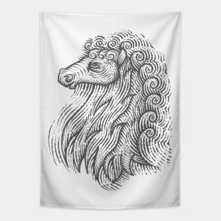 Side Profile of a Horse Head with Curly Hair Hand Drawn Illustration Tapestry