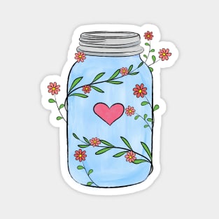 Mason Jar With Flowers, Leaves and a Heart Magnet