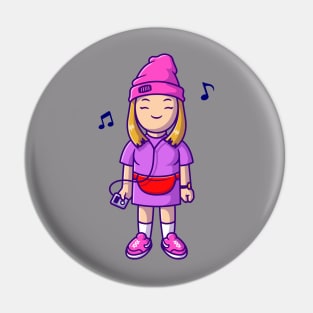 Cool Girl Listening Music With Earphone Cartoon Pin