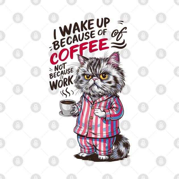 I wake up because of coffee not because of work | Funny cat and coffee lover by T-shirt US