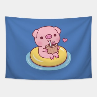 Cute Piggy Chilling On Pool Float And Drinking Coconut Water Tapestry