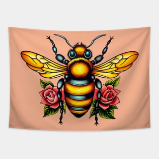 Vintage Bee and Roses Flash Tattoo Tapestry