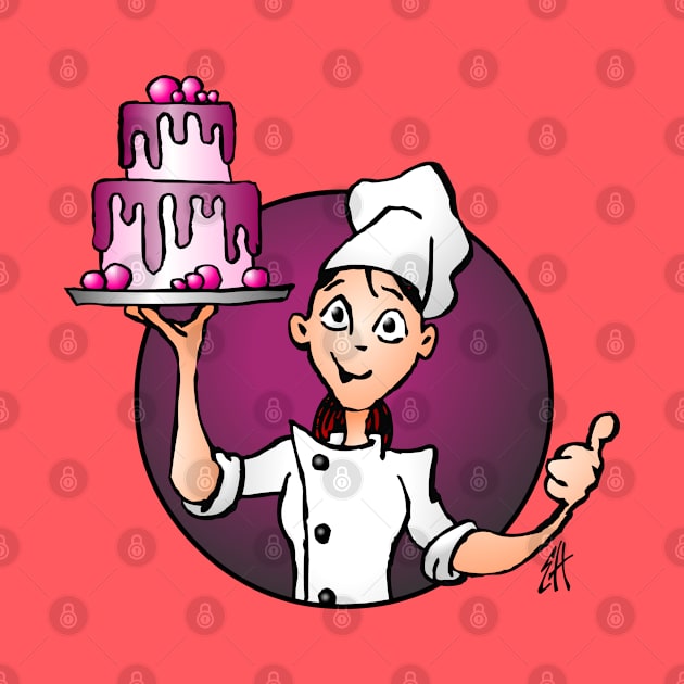 Pastry chef with a pink glazed cake by Cardvibes