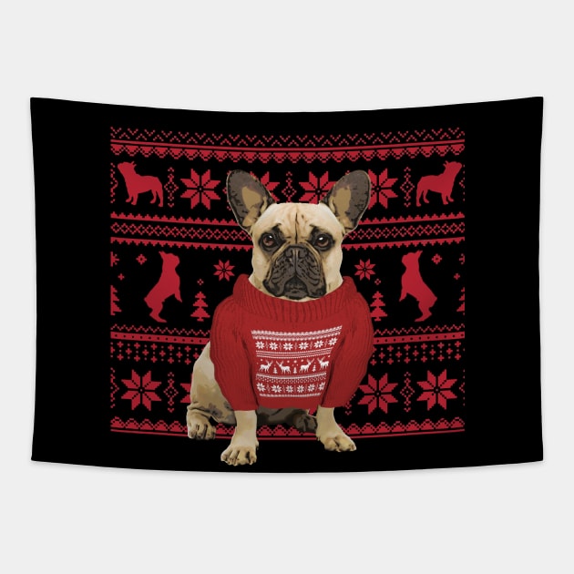 French Bulldog Frenchie and red Christmas sweater Tapestry by Collagedream