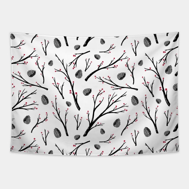 Winter trees with berries and cones. New Year and Christmas print Tapestry by Lena Sfinks