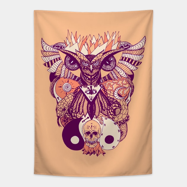 Peach Owl And Ageless Skull Tapestry by kenallouis