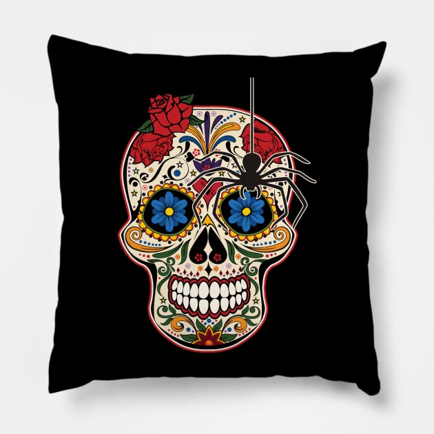 Gothic Spider Day Of The Dead Roses Sugar Skull 1 Pillow by EDDArt