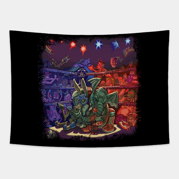 Politically Divided Elephant Wrestles Donkey Tapestry by SpacemanTees