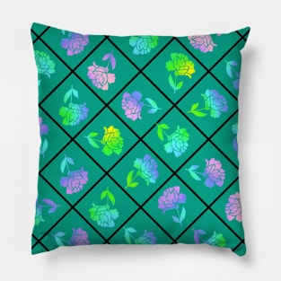 Window Pane Diagonal Floral Black Line on Teal Pillow