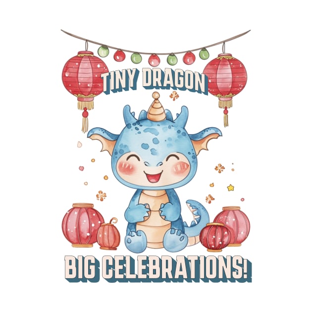 Celebrating with Tiny Dragon: Red & Baby Blue Watercolor Art by YUED