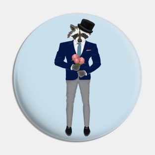 Raccoon in a suit with flowers. City Style. Hipster style Pin