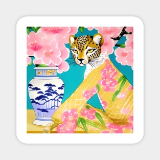 Sassy cheetah in yellow pajamas, ginger jar, cherry blossom Magnet