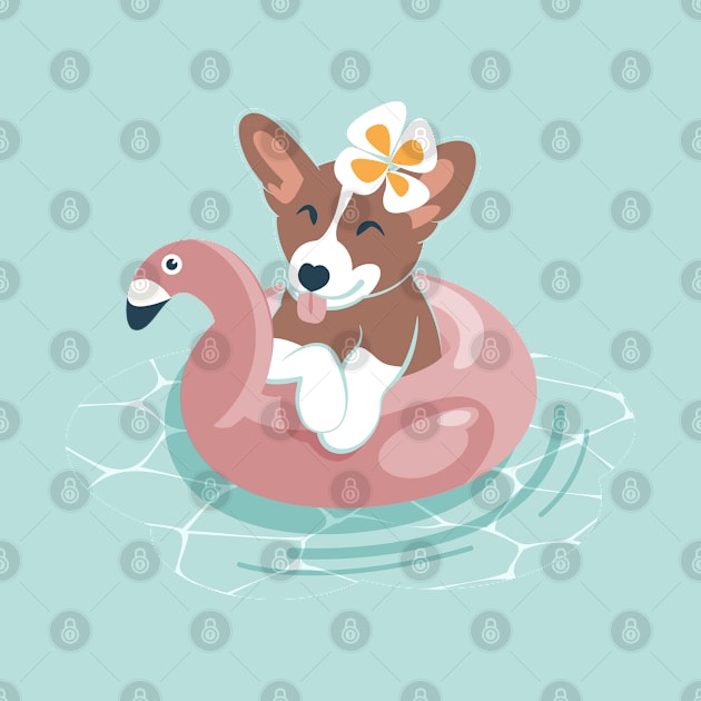 Summer pool pawty // aqua background welsh corgi dog breed in vacation playing on swimming pool by SelmaCardoso