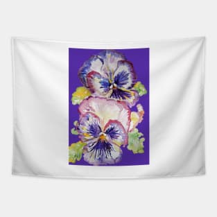 Pansy Watercolor Purple Flower Pattern on Dark Purple Tapestry