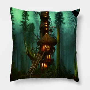 Magical Cottage Tree House with Lights in Forest with High Trees, Scenery Nature Pillow