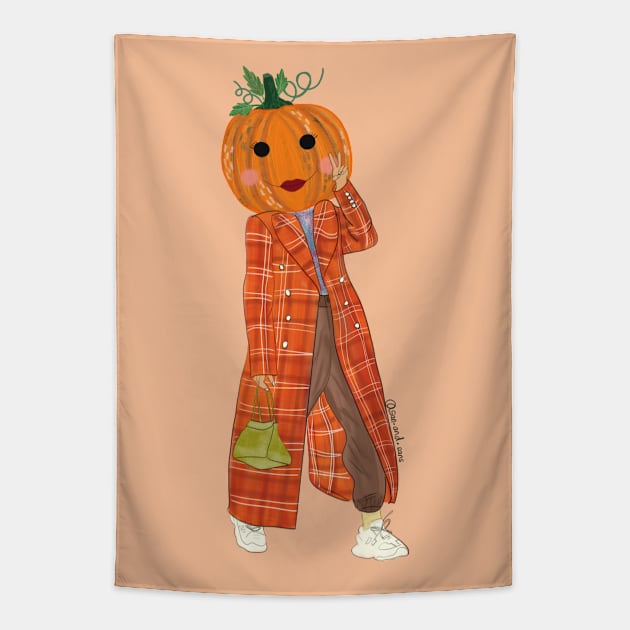 Pumpkin girl in orange jacket Tapestry by SanMade