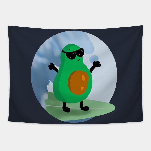 Funny avocado surfing Tapestry by Antiope