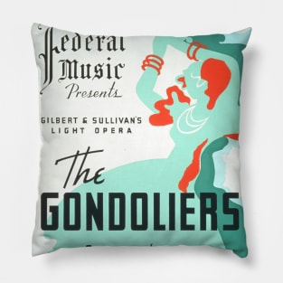 The Gondoliers vintage screen print in turquoise, white, and orange, 1937: Retro theatre poster, cleaned and restored Pillow