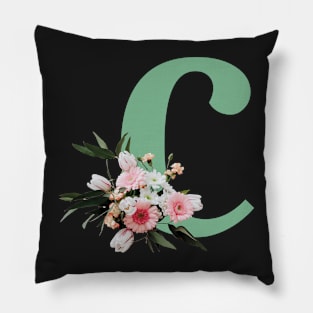 Letter C green with colorful flowers Pillow