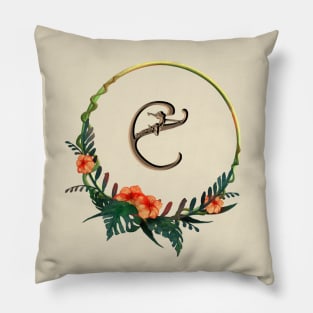 Letter E in tropical circular flower frame with girl figure Pillow