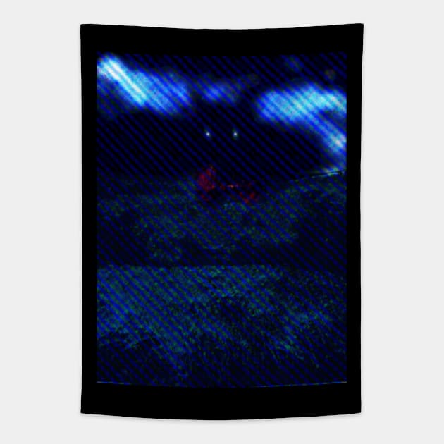 Digital collage and special processing. I am standing in field, and big, dark monster looking on me. Red and blue, dotted blue lines. Tapestry by 234TeeUser234