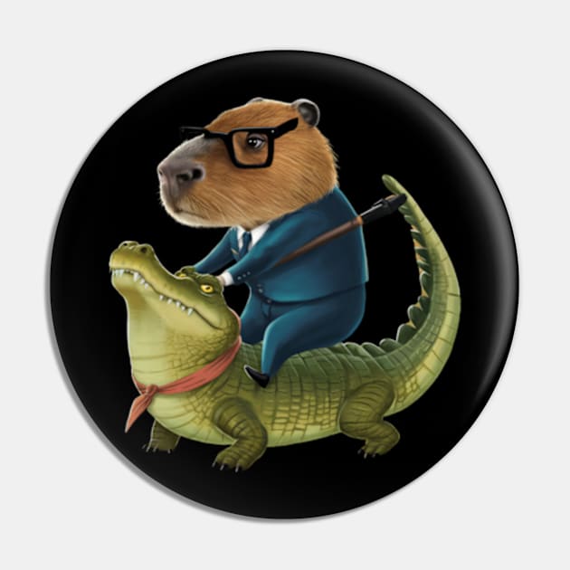 Classic Capybara Riding On a Crocodile Pin by madara art1