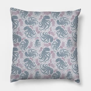 Grey octopus amoung pink jellyfish and seashell Pillow